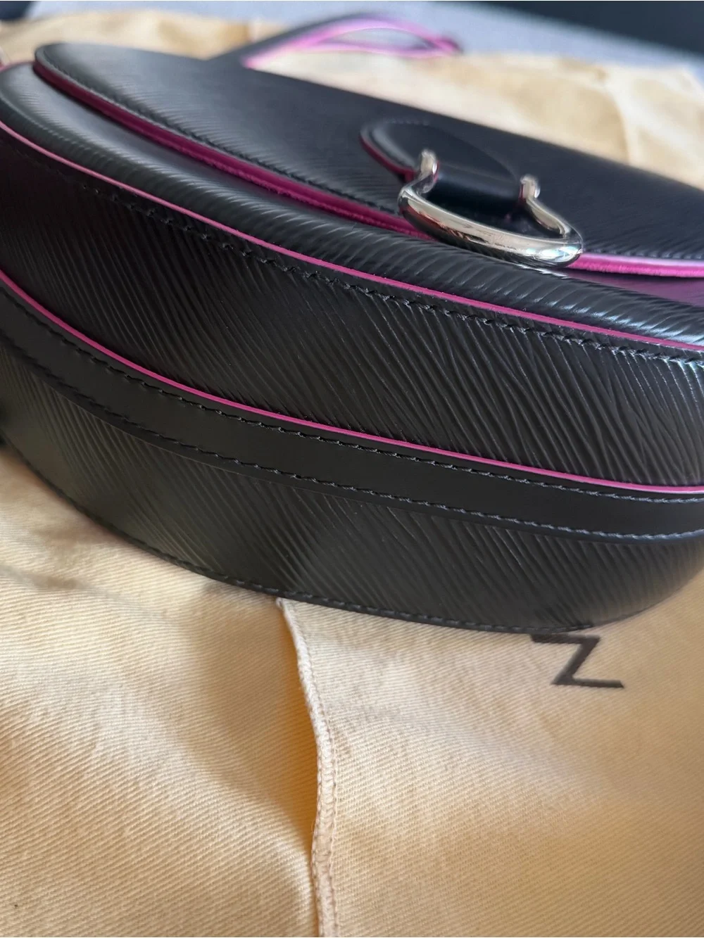 Black Crossbody Bag with Pink Trim and Tassel